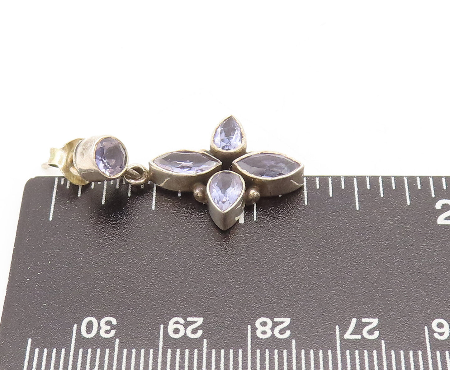 925 Sterling Silver  Vintage Purple Topaz Petal Drop Floral Earrings  EG12665