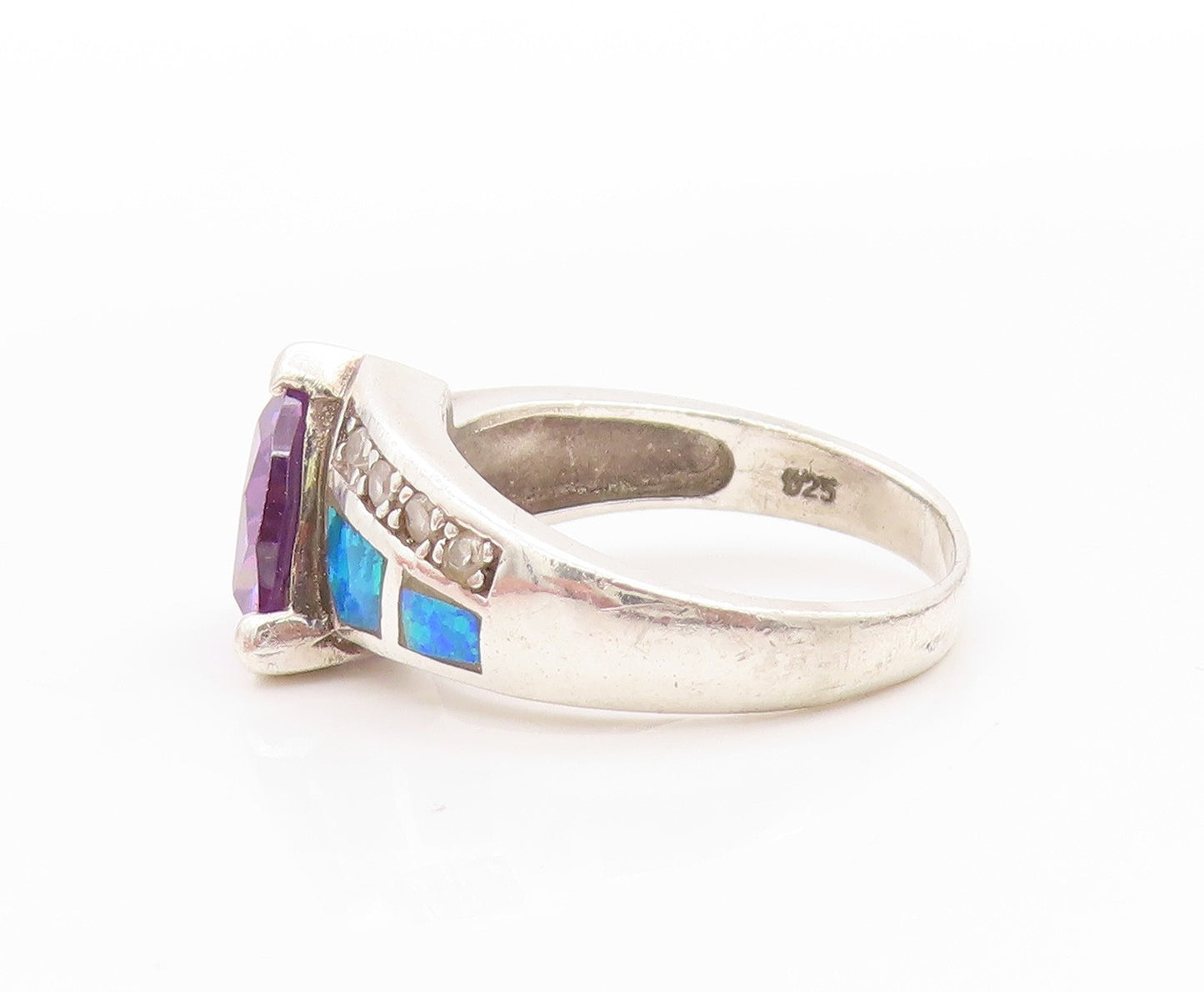 925 Sterling Silver Vintage Ring Faceted Amethyst & Fire Opal Band Sz 8 RG33498