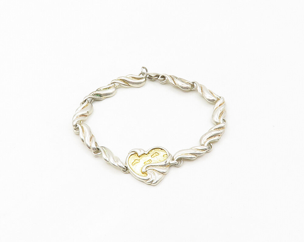 GORHAM 925 Silver  Vintage 2 Tone Heart Footprint Quote Chain Bracelet  BT6941