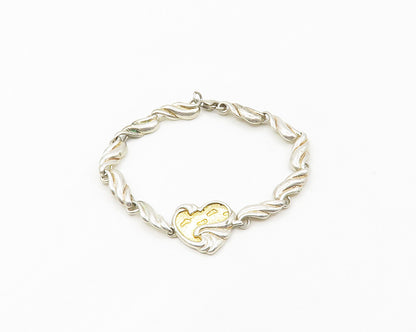 GORHAM 925 Silver  Vintage 2 Tone Heart Footprint Quote Chain Bracelet  BT6941