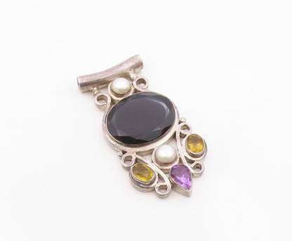 925 Silver  Vintage Black Spinel Pearls Citrine & Amethyst Pendant  PT17026