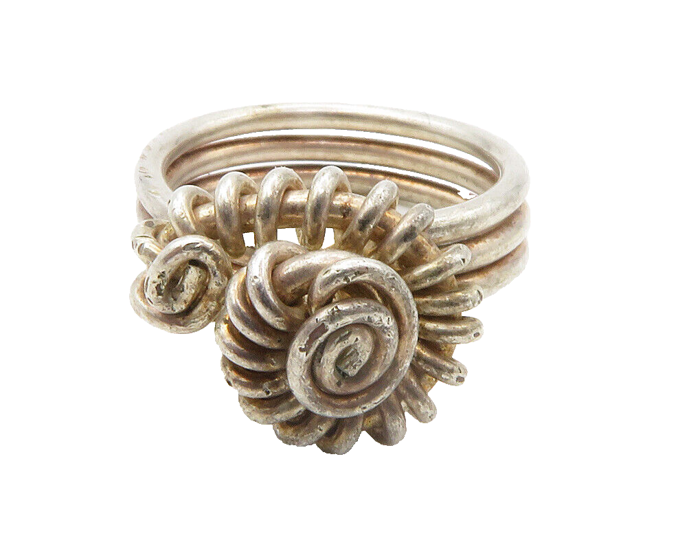 925 Sterling Silver  Vintage Twist Flower Motif Ribbed Band Ring Sz 7  RG14350