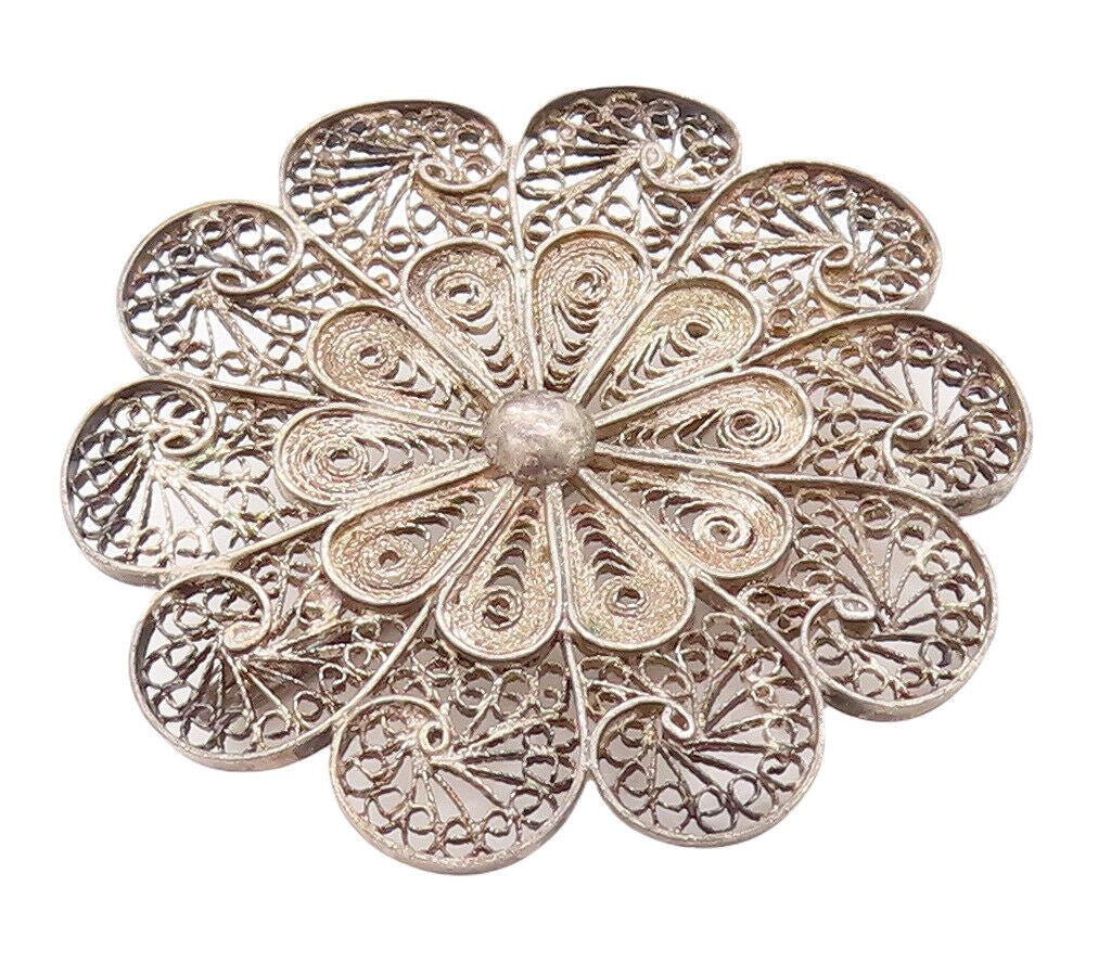 925 Sterling Silver Vintage Brooch Pin MIDDLE EAST Filigree Work Flower  BP10844