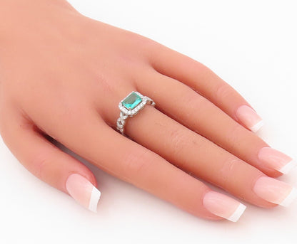 925 Sterling Silver Vintage Ring Rectangle Sea Green Halo White CZ  Sz 7 RG30933