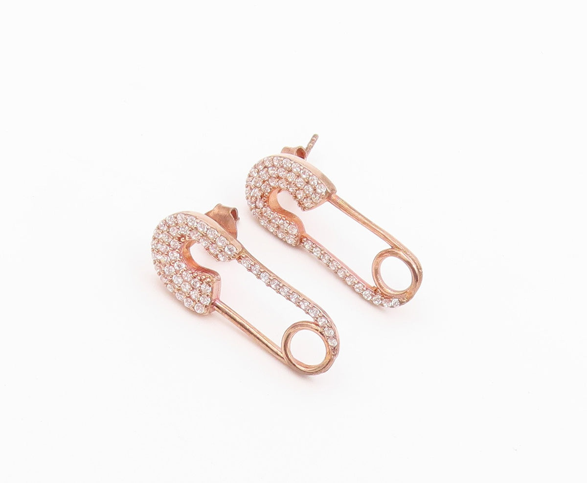 925 Sterling Silver Vintage Earrings Gold Plated CZ Safety Pin Studs  EG14519