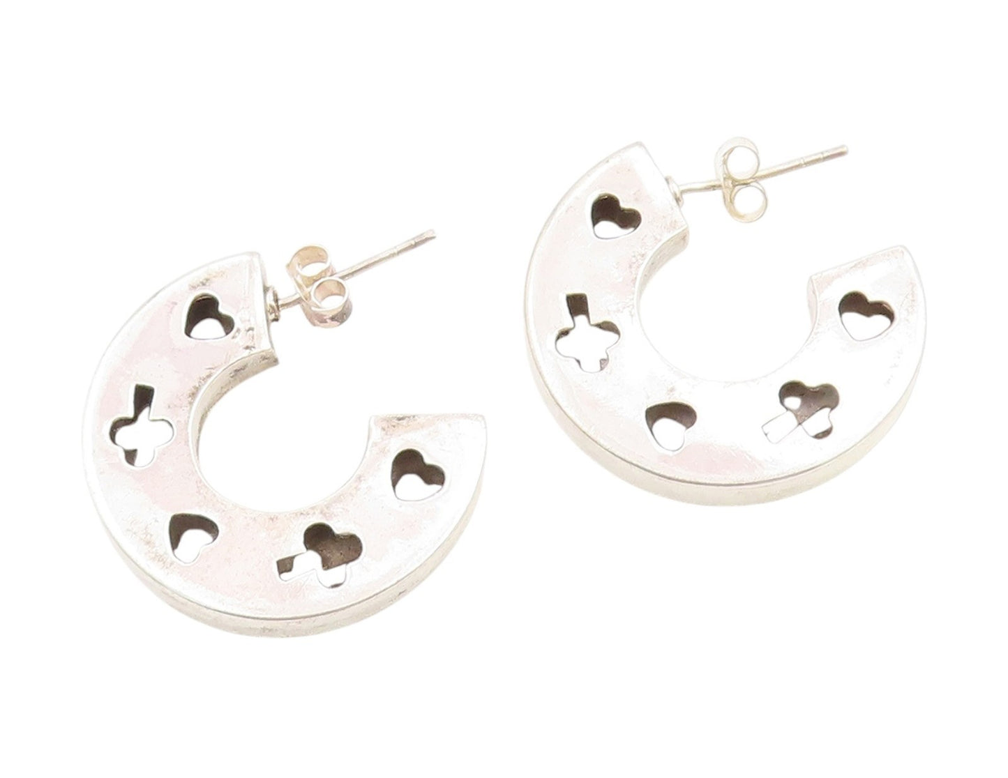 925 Sterling Silver Vintage Earrings Love Heart & Clover Cut Out Hoops  EG13754