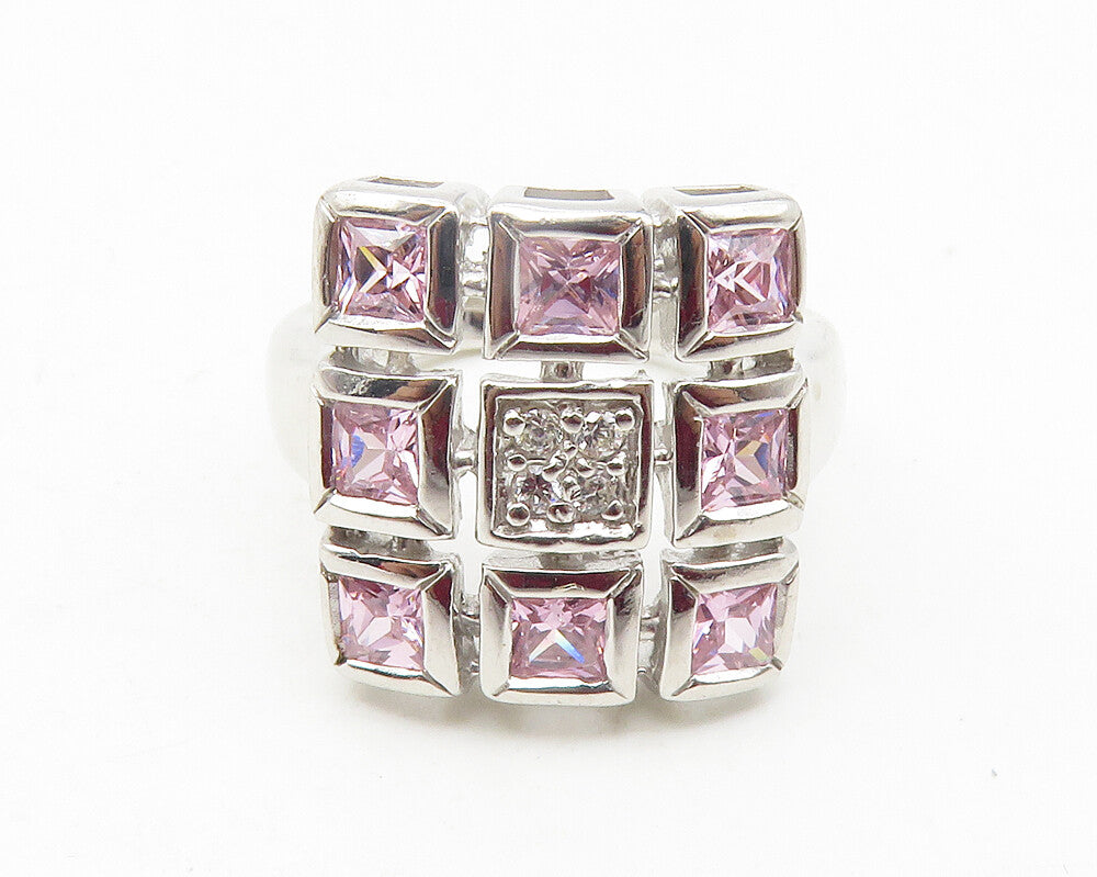925 Sterling Silver  Pink & White Topaz Grid Cocktail Ring Sz 6  RG11840
