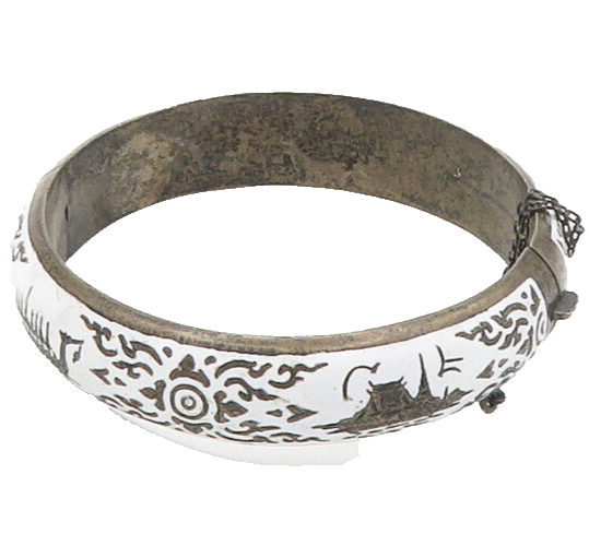 SIAM 925 Silver  Vintage Enamel Dragon Boat Dancer Bangle Bracelet  BT7311