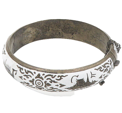 SIAM 925 Silver  Vintage Enamel Dragon Boat Dancer Bangle Bracelet  BT7311