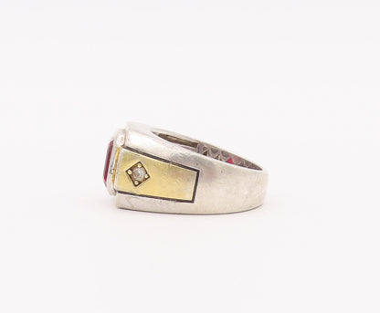 925 Sterling Silver Vintage Ring Grooved Square Red White Topaz Sz 11.5  RG28025