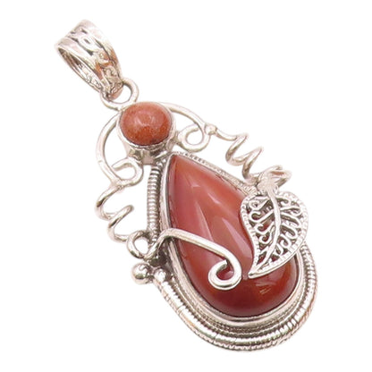 925 Sterling Silver  Agate & Goldstone Floral Leaf Swirl Pendant  PT10973