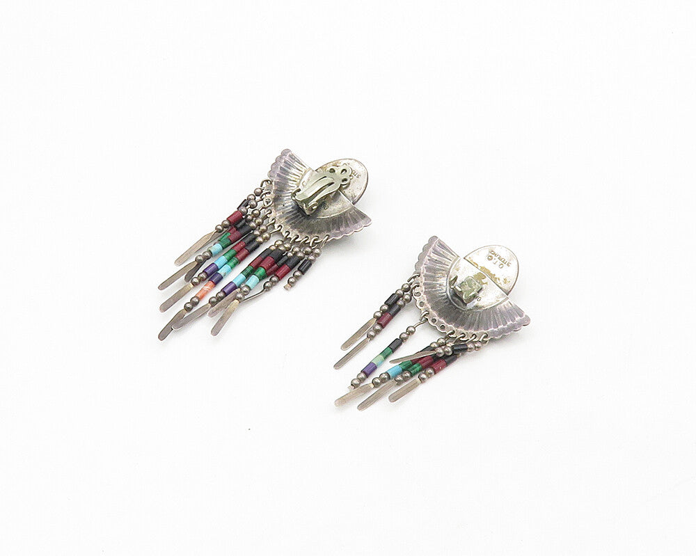 Q.T. NAVAJO 925 Silver Vintage Black Onyx & Multi Stone Drop Earrings EG9193