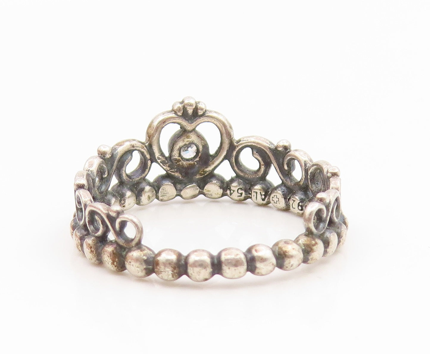 925 Sterling Silver Vintage Ring PANDORA CZ Princess Heart Crown  Sz 7  RG35139