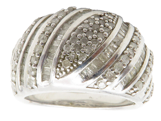 925 Sterling Silver  Genuine Diamonds Shiny Slanted Band Ring Sz 6  RG12505