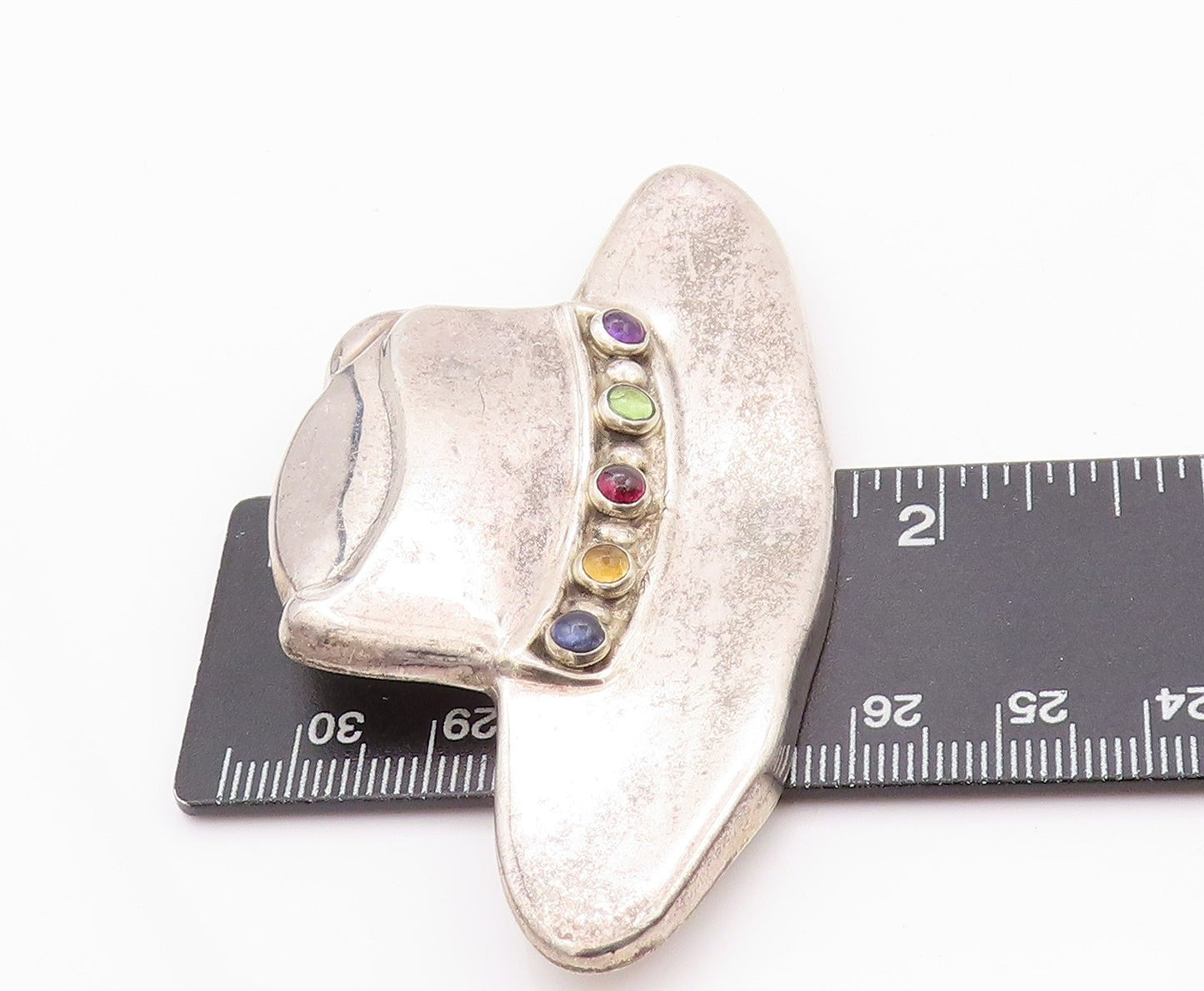 925 Sterling Silver Vintage Brooch Cabochon Gemstones Cow Boy Hat  BP11579