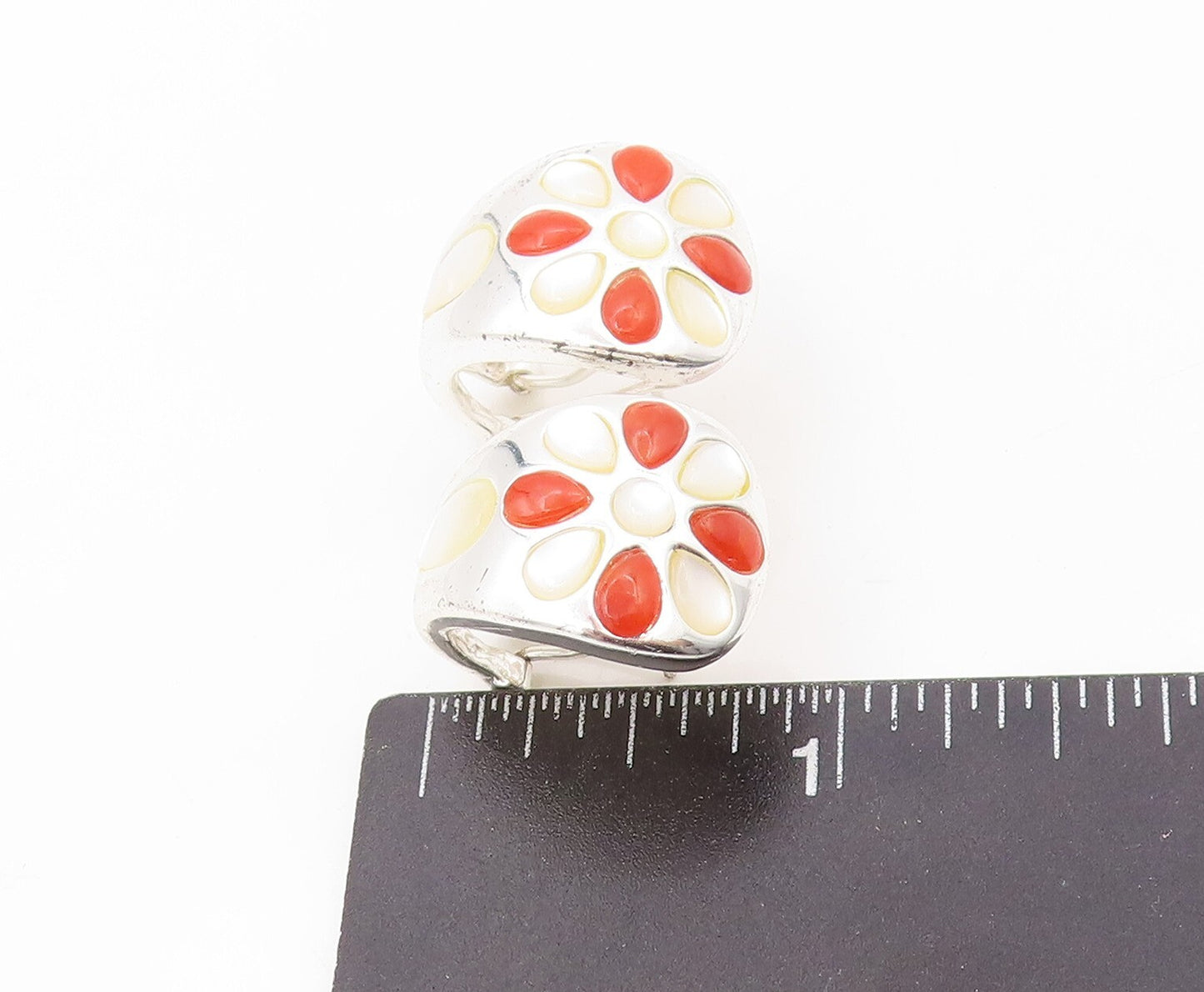 925 Sterling Silver Vintage Earrings Mother Of Pearl & Carnelian Flower EG13397