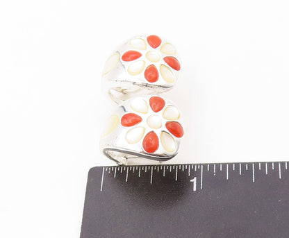 925 Sterling Silver Vintage Earrings Mother Of Pearl & Carnelian Flower EG13397