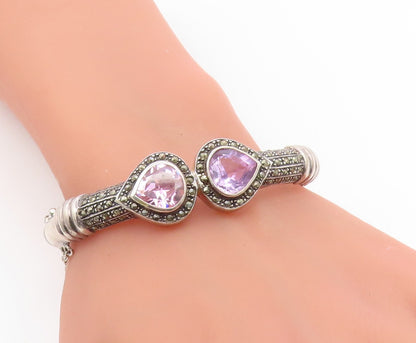 925 Sterling Silver Vintage Bracelet Pear Cut Amethyst & Topaz Bangle  BT11928