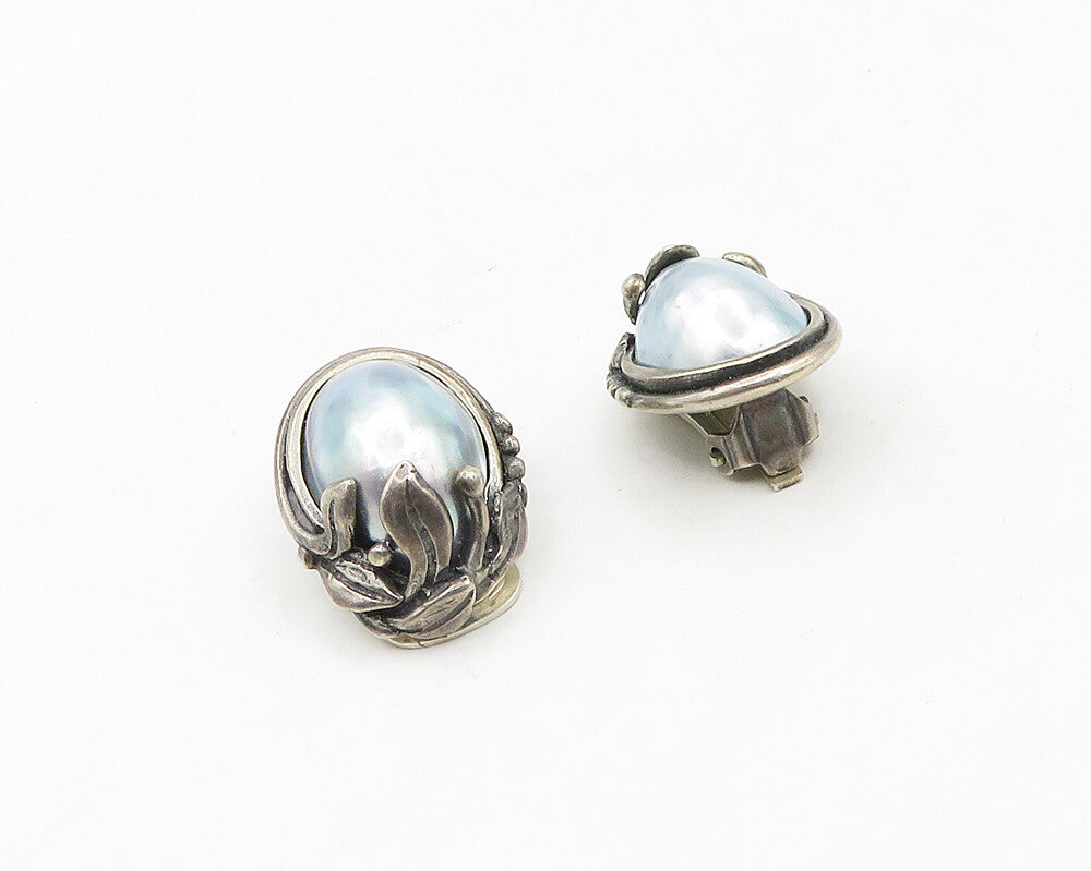 925 Sterling Silver Vintage Mother Of Pearl Floral Non Pierce Earrings  EG9579