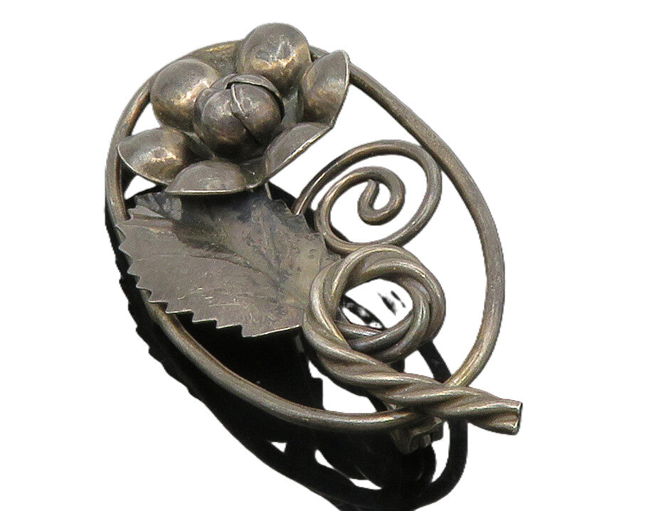 925 Sterling Silver  Vintage Handmade Oxidized Flower Swirl Brooch Pin  BP5299