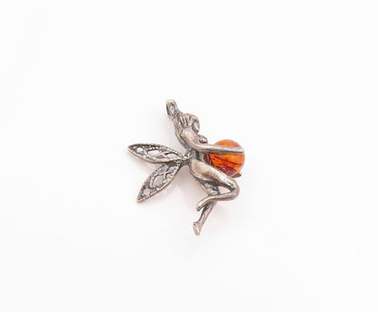 925 Sterling Silver Vintage Pendant Amber Guardian Fairy Angel Charm  PT24860