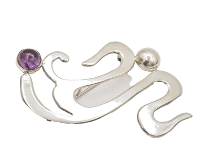 MEXICO 925 Silver  Vintage Swirly Cutout Beaded Amethyst Brooch Pin  BP10396