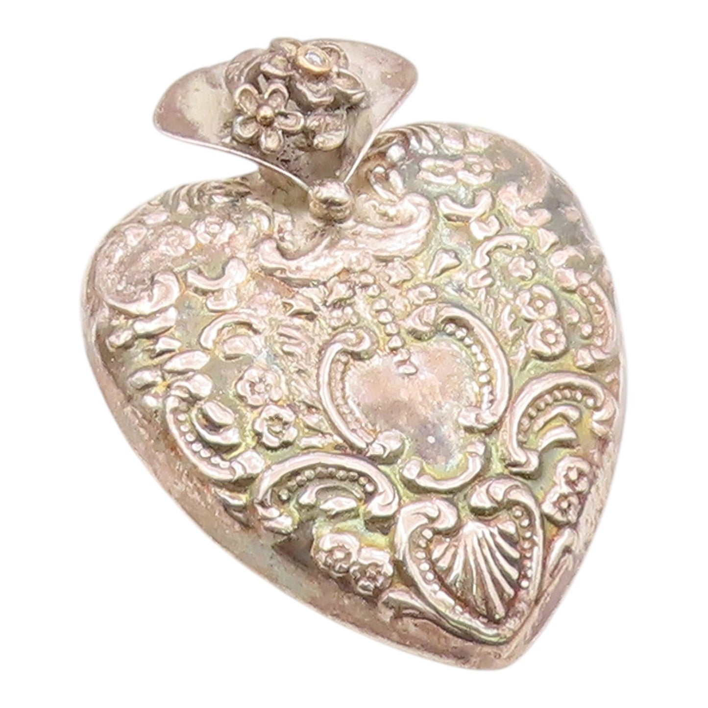 14K GOLD & 925 Silver  Vintage Hollow Floral Genuine Diamond Pendant  PT21178