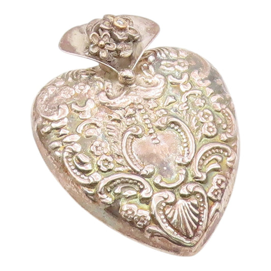 14K GOLD & 925 Silver  Vintage Hollow Floral Genuine Diamond Pendant  PT21178