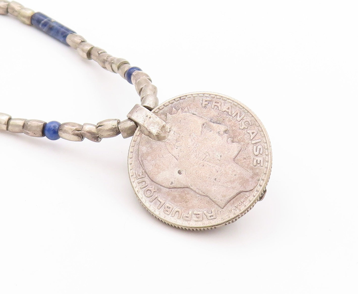 925 Sterling Silver Vintage Necklace French Coin Carnelian Enameled  NE4563