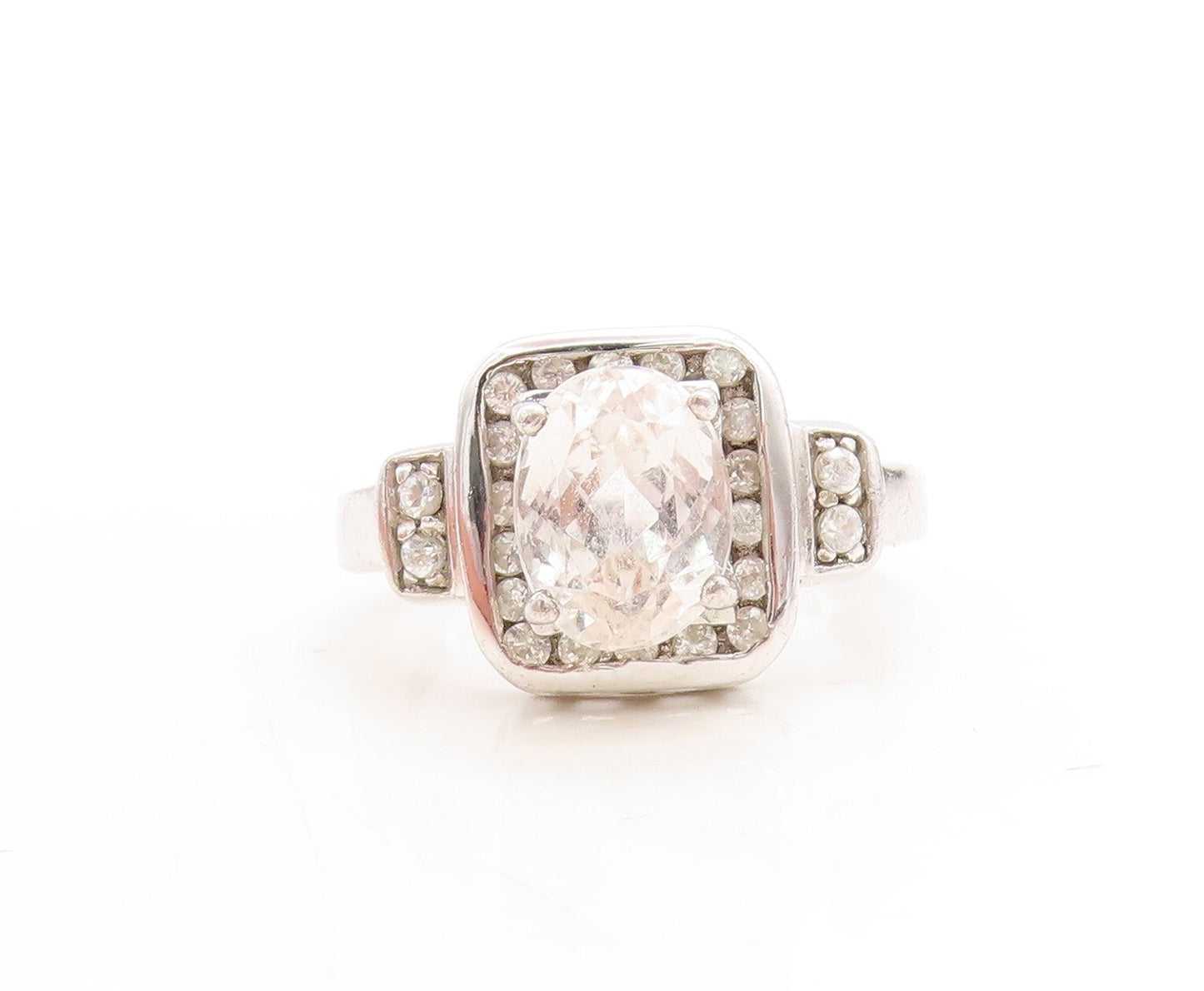 925 Sterling Silver Vintage Ring Oval Cut Halo Topaz Square Inlay  Sz 7  RG31620