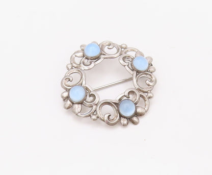 925 Sterling Silver Vintage Brooch Pin Swirly Carved Cat's Eye Wreath  BP11156