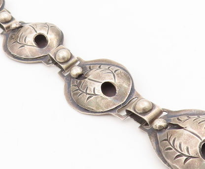 925 Sterling Silver Vintage Bracelet MEXICO Etched Leaf Motif Concho  BT11593