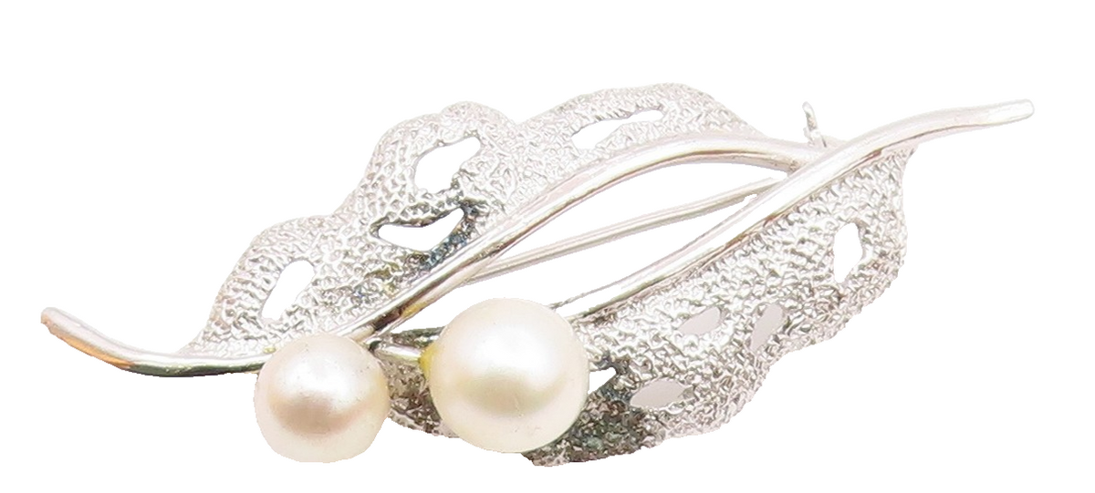 925 Silver  Vintage Cultured Pearls Shiny Floral Leaf Brooch Pin  BP8881