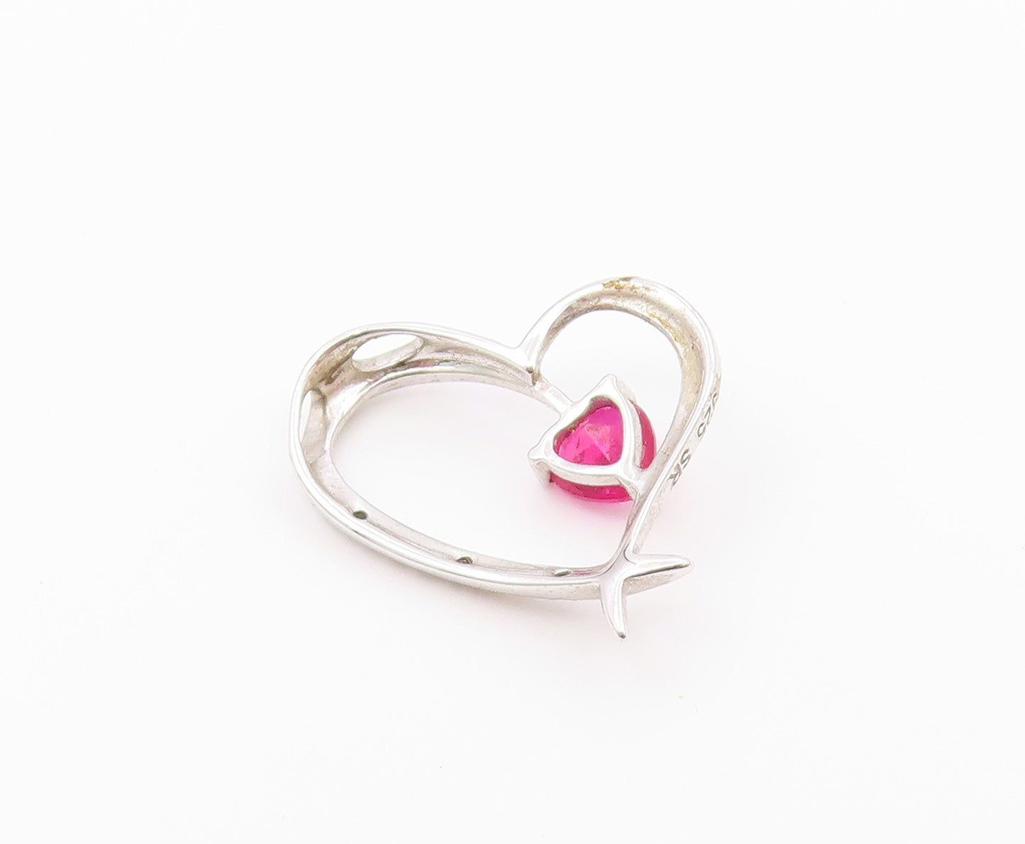 925 Silver  Vintage Genuine Diamond & Pink Topaz Love Heart Pendant  PT18993