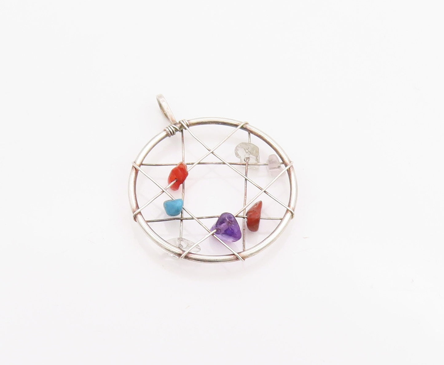 925 Sterling Silver Vintage Pendant Multi Gemstone Dream Catcher Charm  PT24919