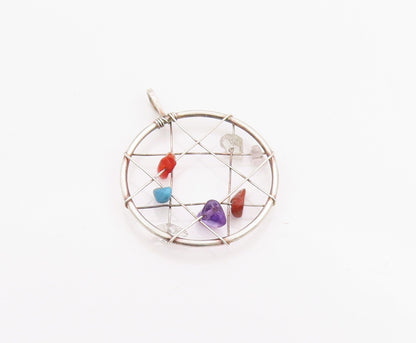 925 Sterling Silver Vintage Pendant Multi Gemstone Dream Catcher Charm  PT24919