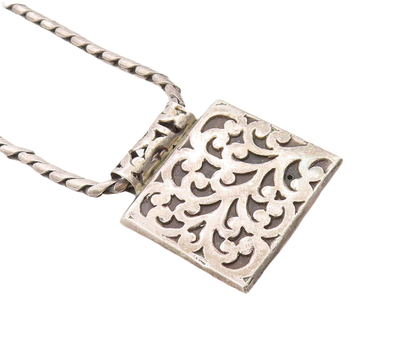 925 Sterling Silver Vintage Necklace Dark Tone Swirly Carved Square  NE4385