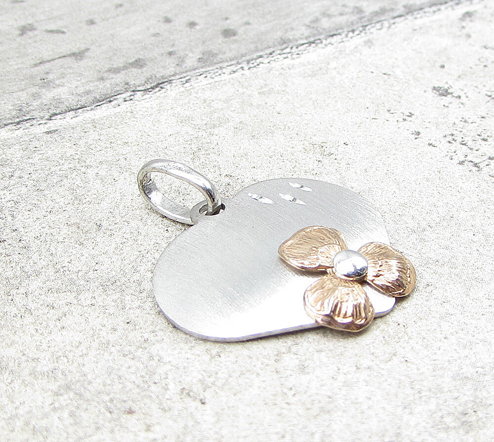 925 Sterling Silver Textured 2 Tone Love Heart Floral Drop Pendant PT1397