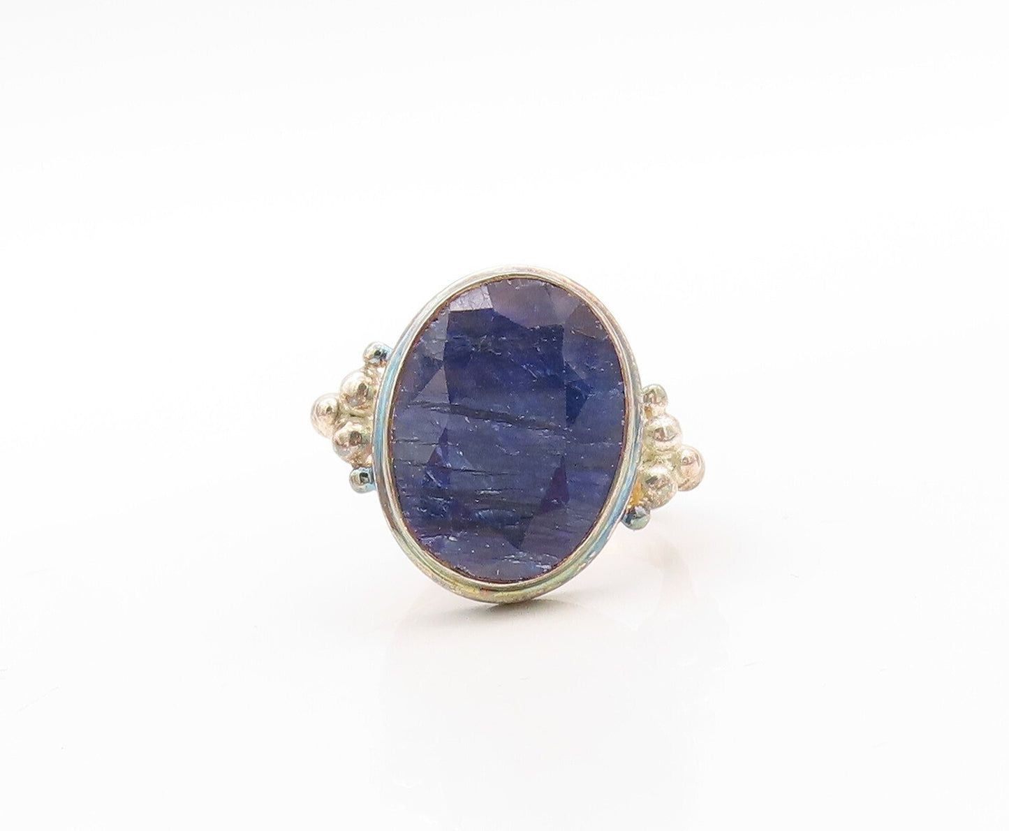 925 Sterling Silver Vintage Ring Oval Cut Blue Gemstone Inlay  Sz 7.5  RG30668