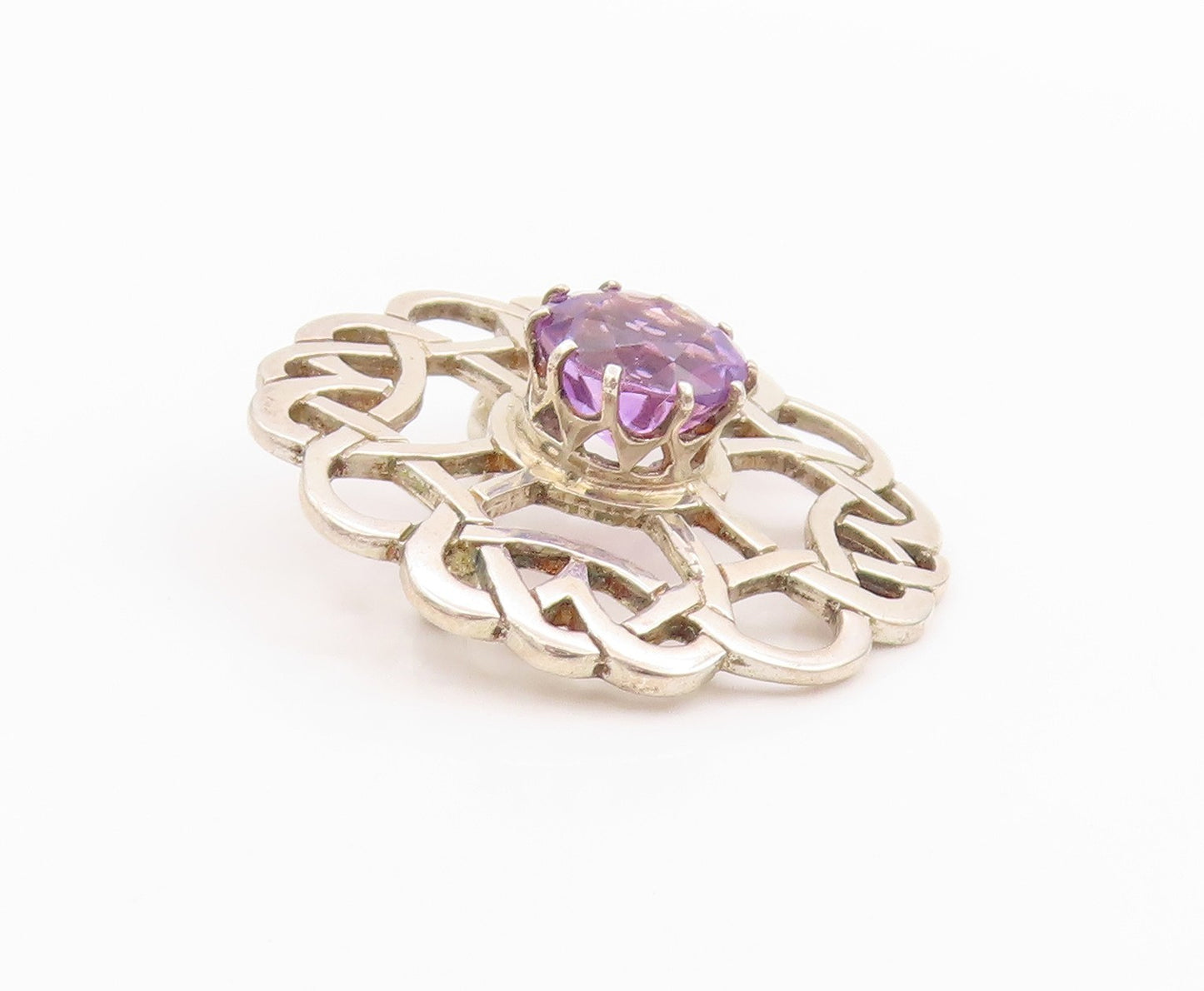 925 Sterling Silver Vintage Brooch Faceted Amethyst Celtic Cut Out Pin  BP11845
