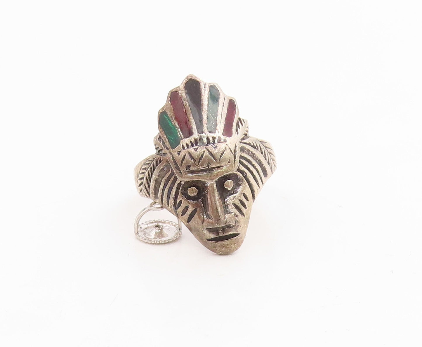 925 Sterling Silver Vintage Ring Enamel Warrior Headdress Motif  Sz 7  RG35416