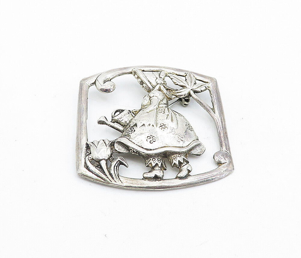 925 Sterling Silver  Vintage Antique Girl Watering Flowers Brooch Pin  BP1740