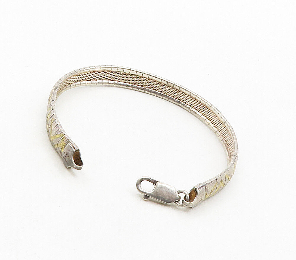 925 Sterling Silver   Vintage Shiny Two Tone Panel Chain Bracelet  BT6401