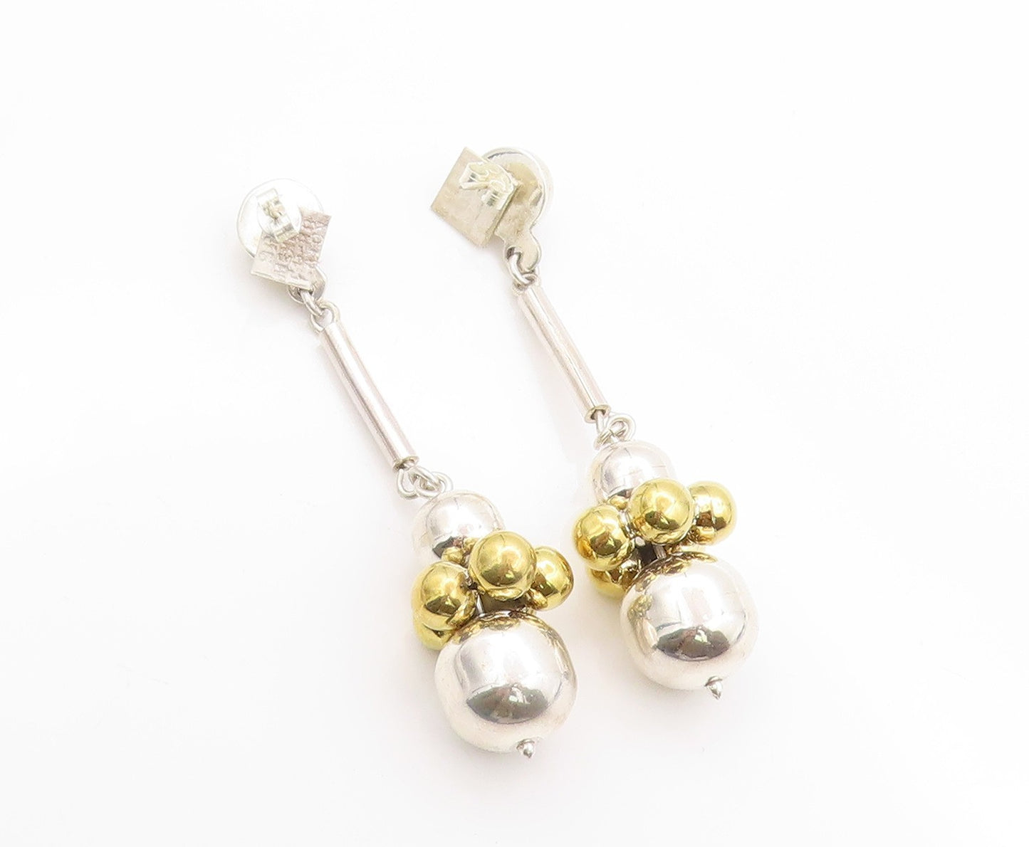 925 Sterling Silver Vintage Earrings MEXICO Drop Gold & Silver Beads EG13582