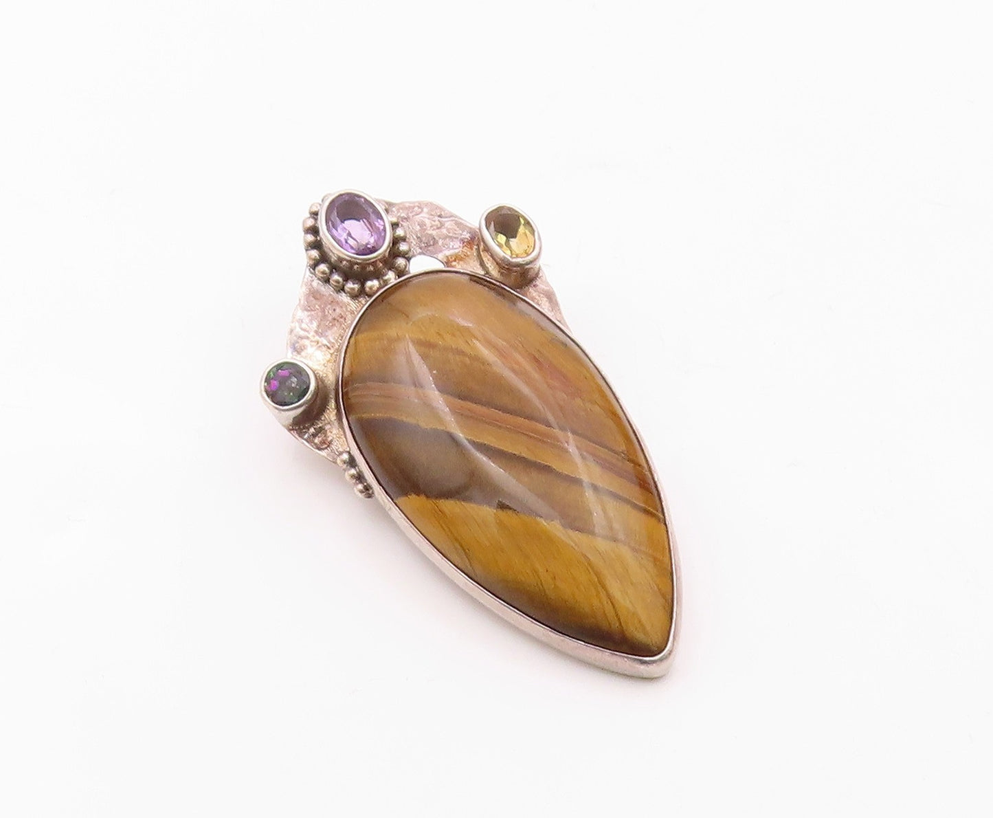 925 Silver  Vintage Tiger's Eye Topaz Citrine & Amethyst Pendant  PT14770