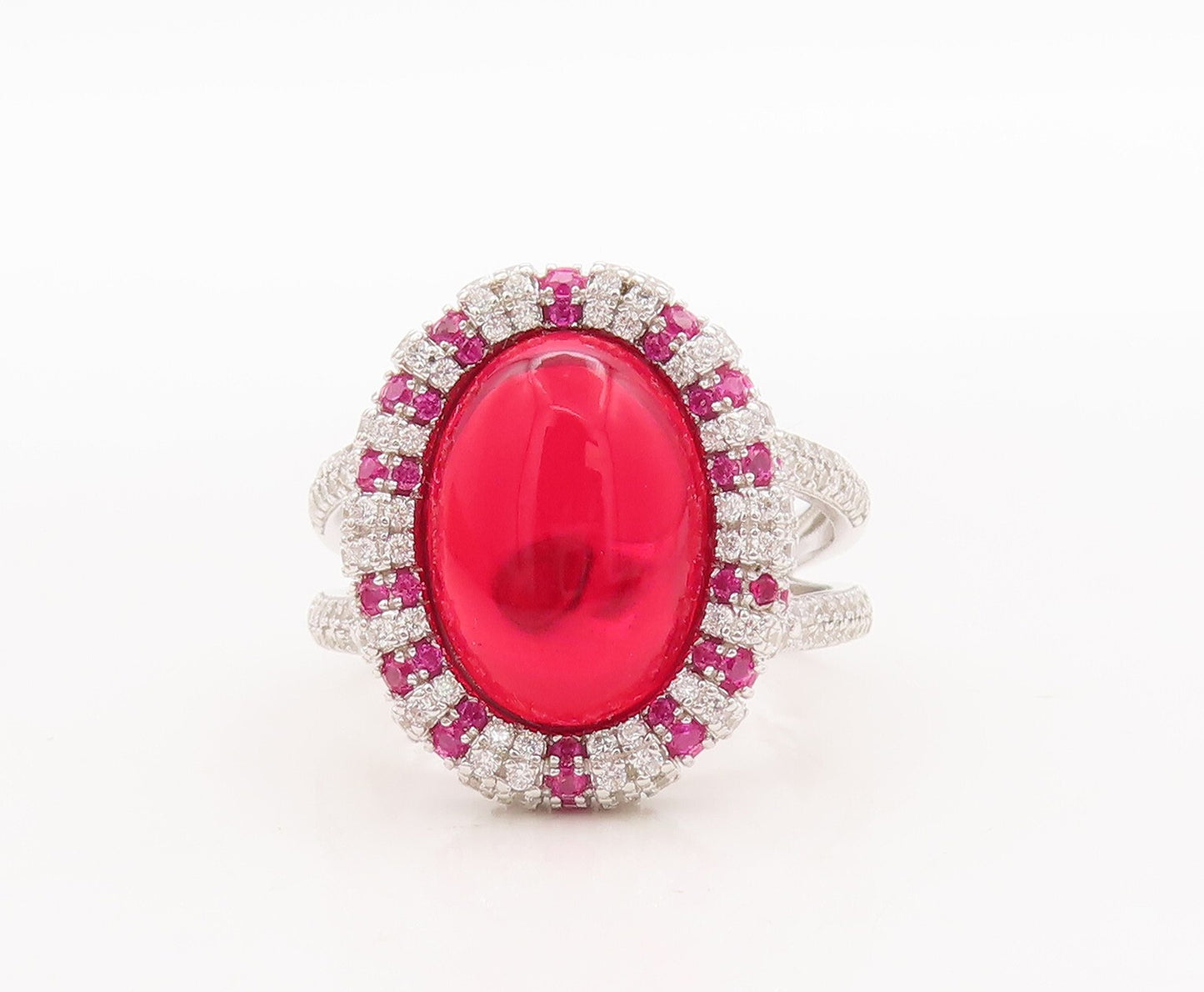 925 Sterling Silver Vintage Ring Cabochon Red Halo Pink White CZ Sz 7.5  RG29810