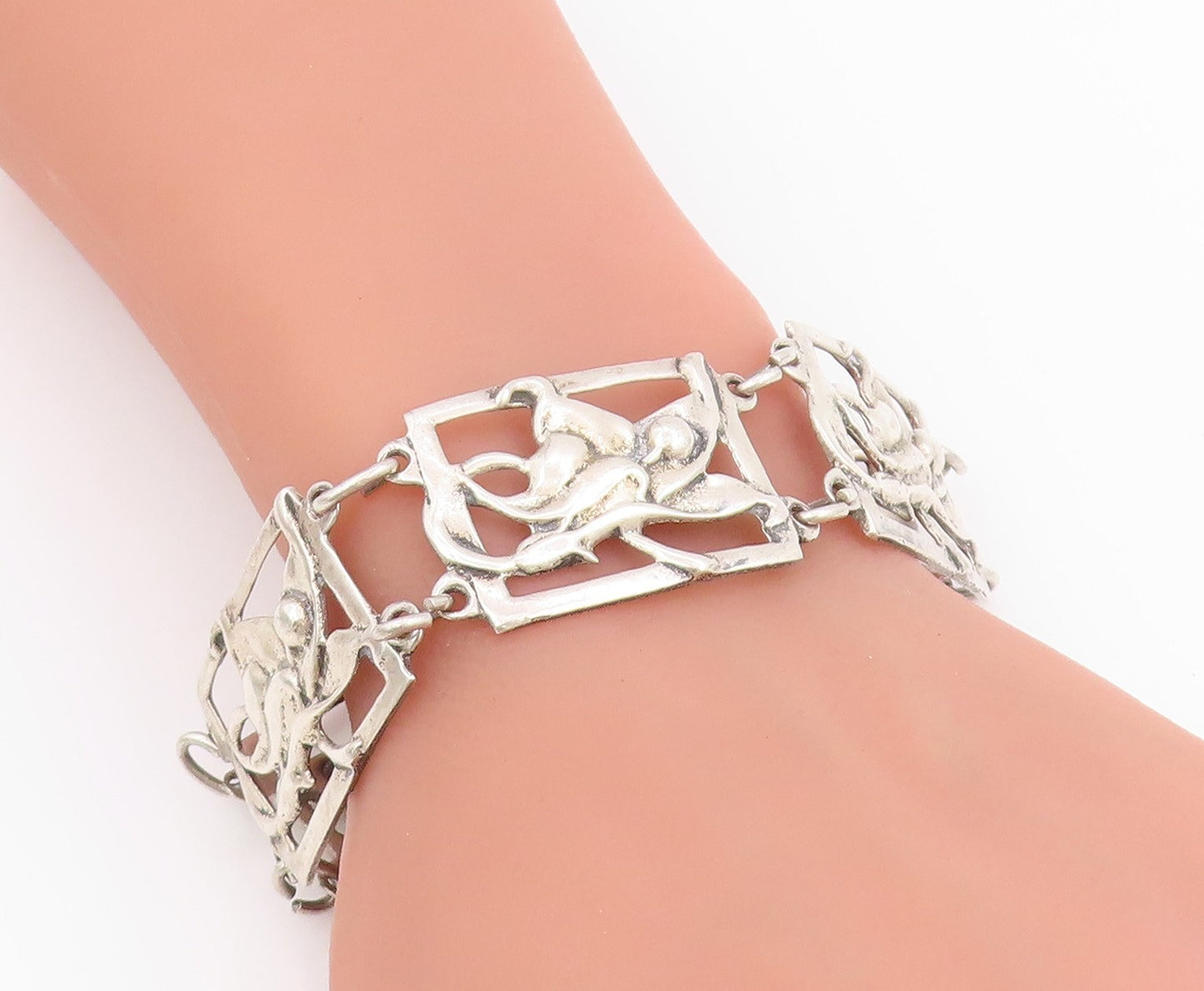 925 Sterling Silver Vintage Bracelet Antique Openwork Floral Panel Link  BT11632