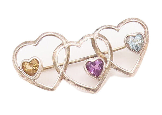 925 Sterling Silver Vintage Brooch Pin Multi Color Topaz Cutout Hearts  BP10818