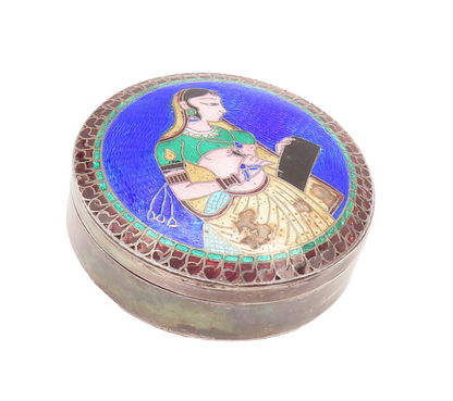 925 Silver  Vintage Enameled Indian Girl Writing Pill Box (OPENS)  TR3631