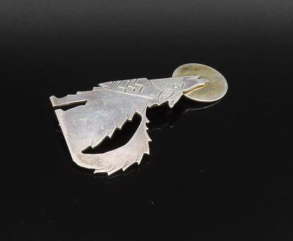 SOUTHWESTERN 925 Silver Vintage Two Tone Wolf & Full Moon Brooch Pin BP9995
